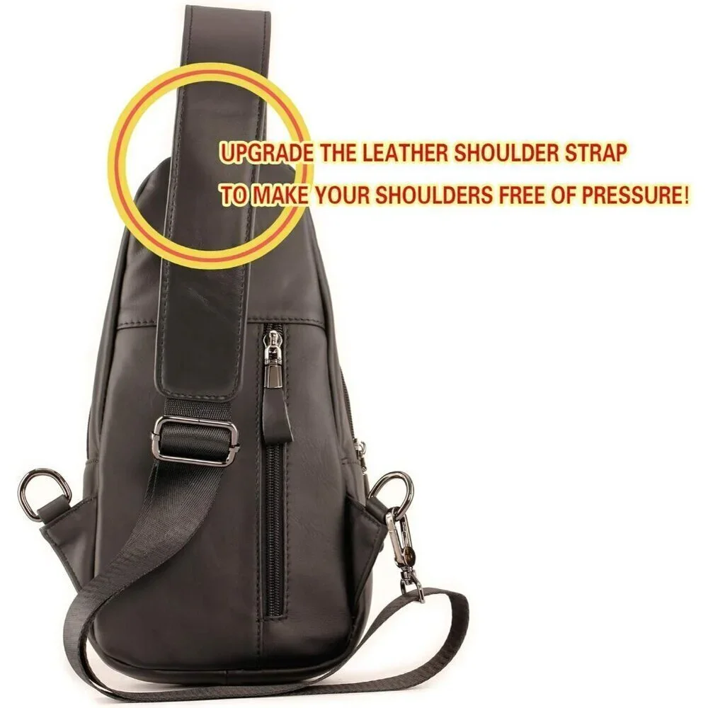 💫 Men Black Crossbody Bag Leather Sling Travel Chest Outdoor Sports Backpack